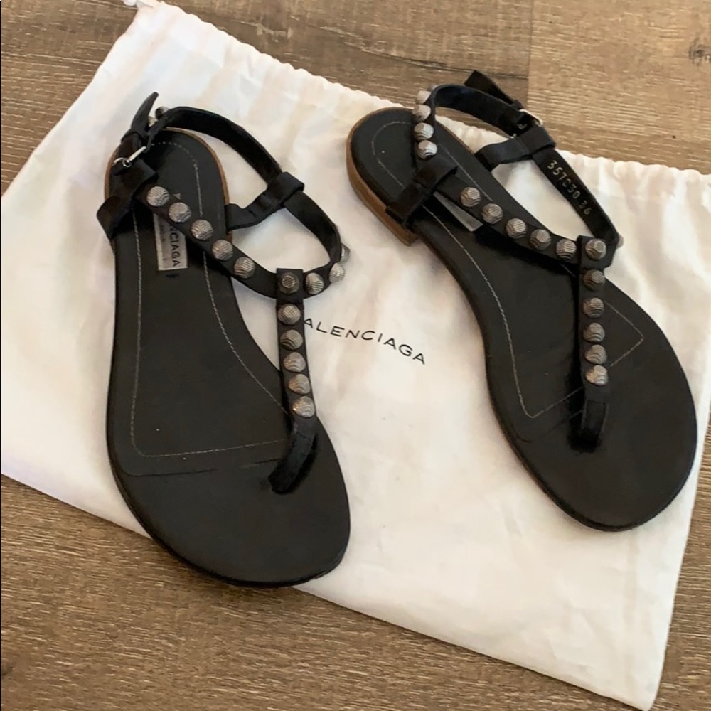 balenciaga black leather silver studded sandals